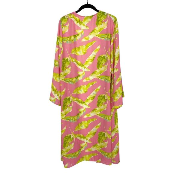Adrienne Pink Yellow Floral Long Beach Cover-Up Duster‎ Women’s Size Large - Picture 2 of 6